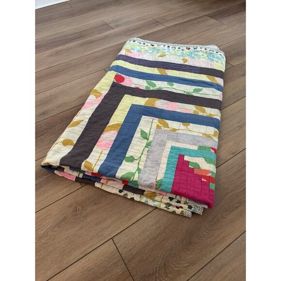 Vintage Hand Quilted Log Cabin Housetop Quilt Concentric Squares Abstract 6x7 - Picture 4 of 16